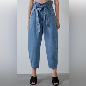 Zara Tie Waist High Rise Paper Bag Jeans